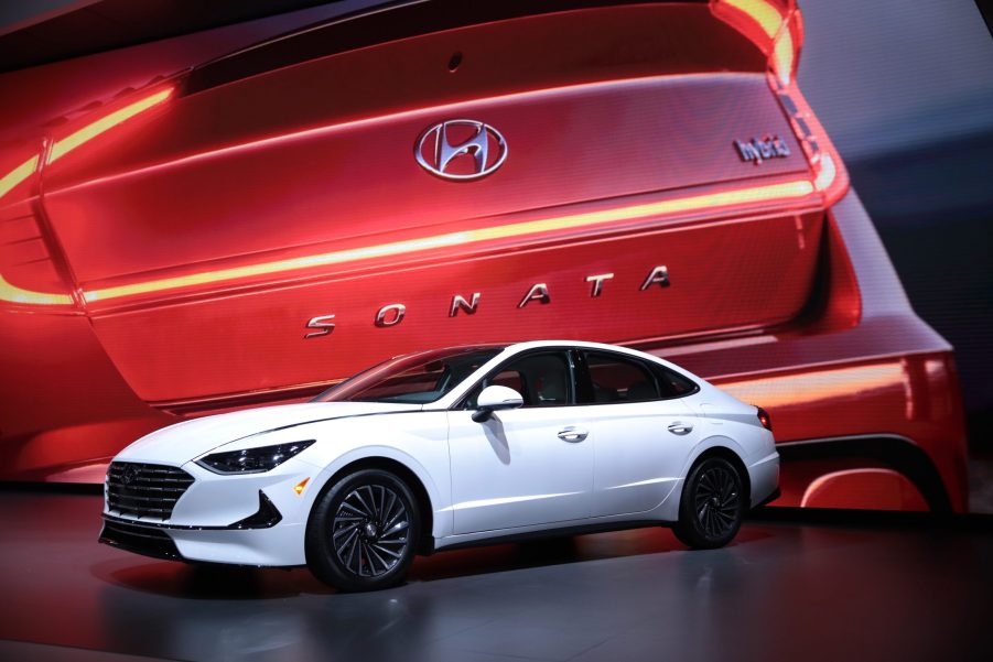 A Hyundai Sonata on display at an auto show