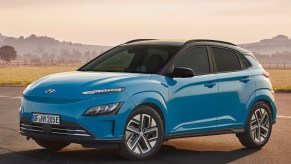 A blue 2021 Hyundai Kona EV