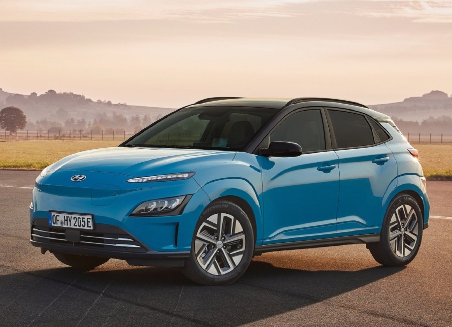 A blue 2021 Hyundai Kona EV