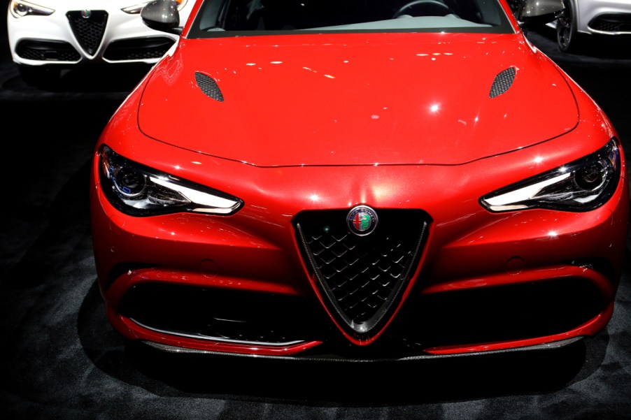 An Alfa Romeo Giulia on display at an auto show