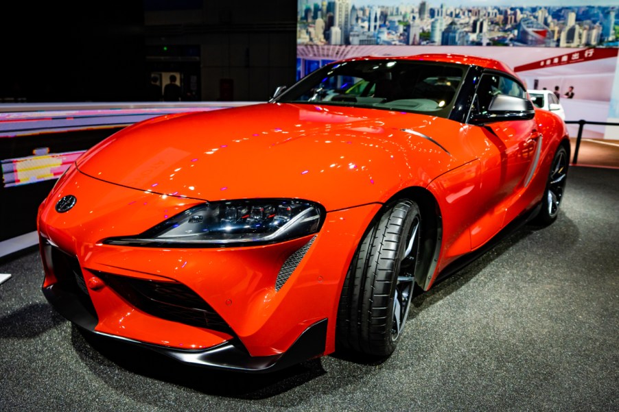 A Toyota Supra on display at an auto show