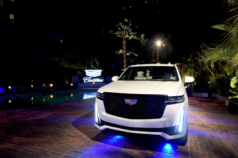 A 2021 Cadillac Escalade on display at night