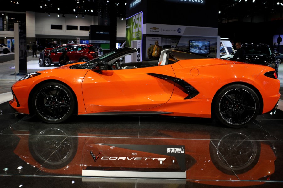 A 2020 Chevy Corvette on display at an auto show