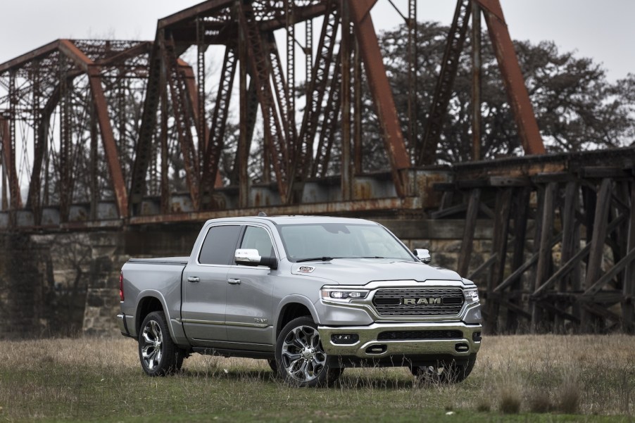 An image of a Ram 1500 parked outside on a field.