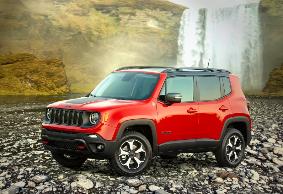 2021 Jeep Renegade Trailhawk by a waterfall