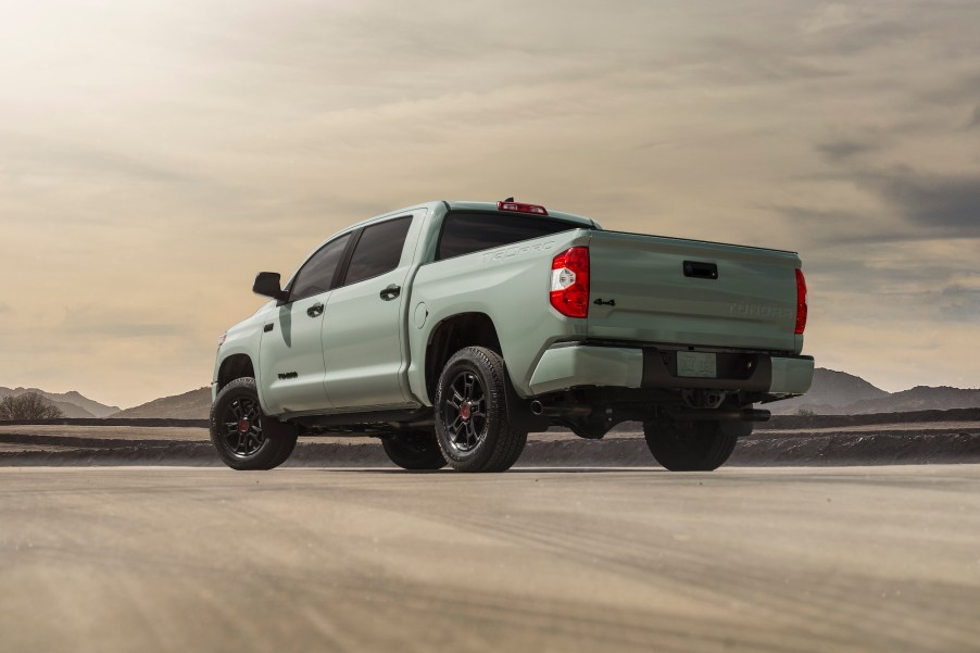 A white 2021 Toyota Tundra TRD parked in a desert