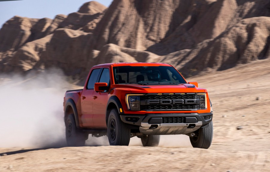 An image of the 2021 Ford F-150 Raptor in the desert.