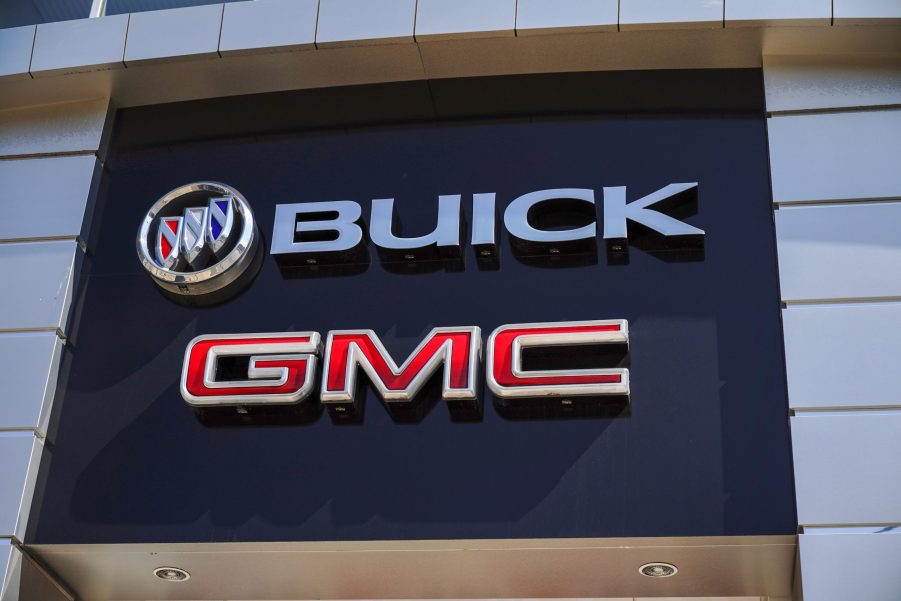 Buick and GMC company logos seen on one of their car dealerships showrooms