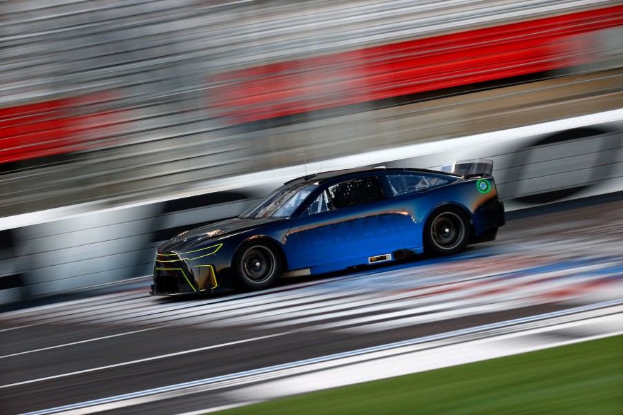 An image of NASCAR's next-gen car testing on a racetrack.