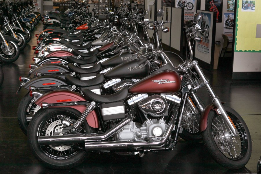 Harley-Davidson motorcycles lined up for sale at Chicago Harley-Davidson on April 20, 2010, in Glenview, Illinois.