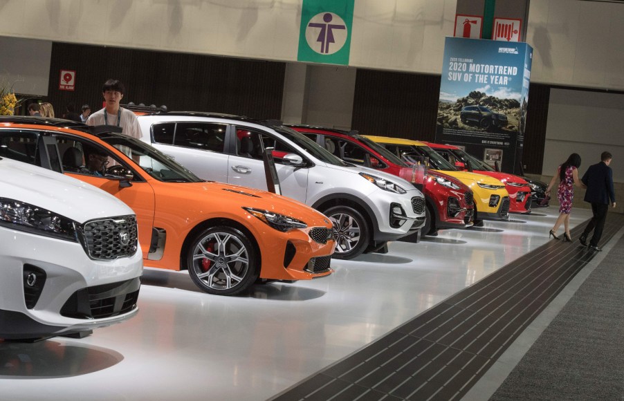 Kia cars on display at a Los Angeles event.