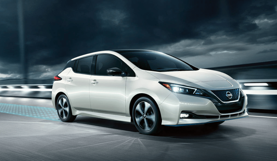 2021 Nissan Leaf on dark highway