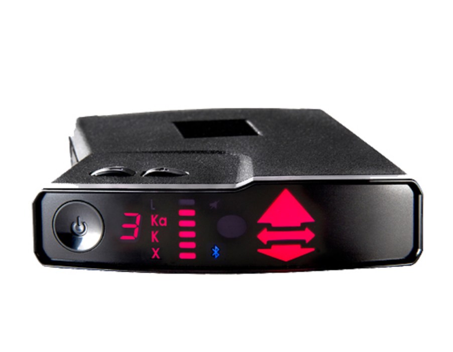 A black Valentine V1 Gen2 radar detector with its Bluetooth and red directional arrows lit up