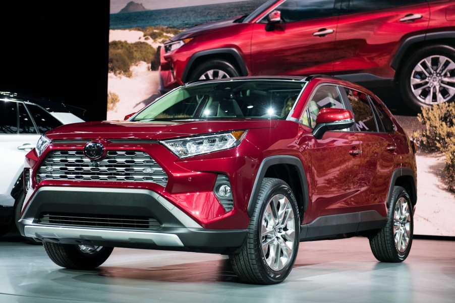 A red 2018 Toyota RAV4 compact crossover SUV displayed during the 2018 New York International Auto Show on Wednesday, March 28, 2018