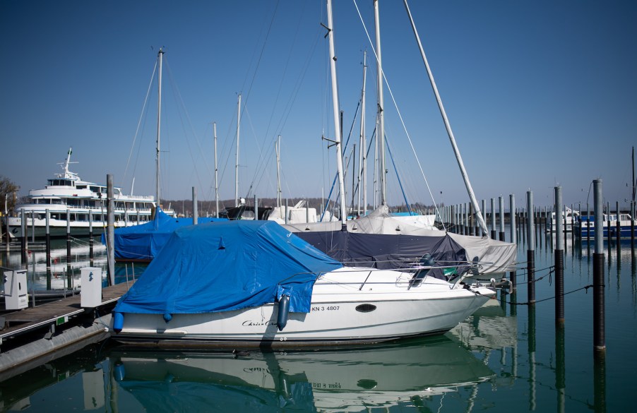 A boat docked in the water.