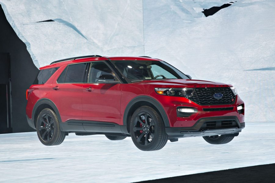 A 2021 Ford Explorer ST on display at an auto show