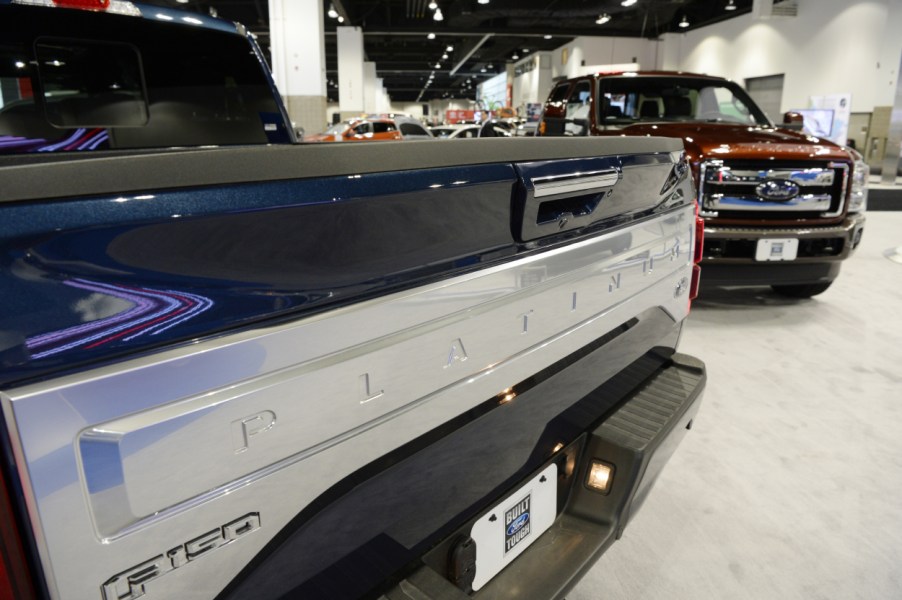 A Ford F-150 Platinum on display at an auto show