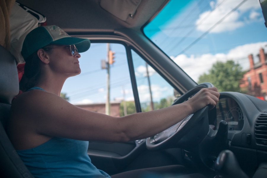 Eileah Ohning sits at the wheel of her Freightliner Sprinter High Top RV on July 15, 2017, in Columbus, Ohio.