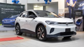 The new all-electric Volkswagen ID.4 sits on a showroom floor in California