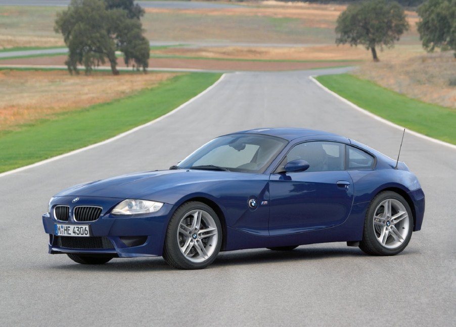 A blue 2006 BMW Z4 M Coupe on a racetrack