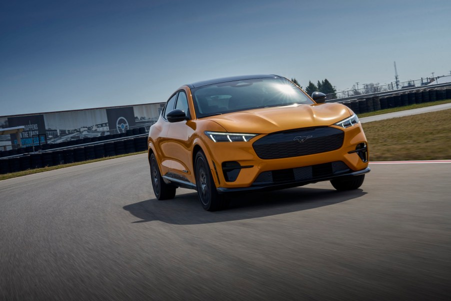 An image of a 2021 Ford Mustang Mach-E GT parked outside.