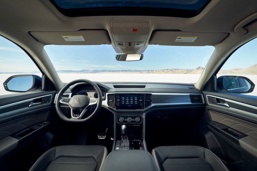 View of the front cabin of a 2021 Volkswagen Atlas midsize crossover SUV