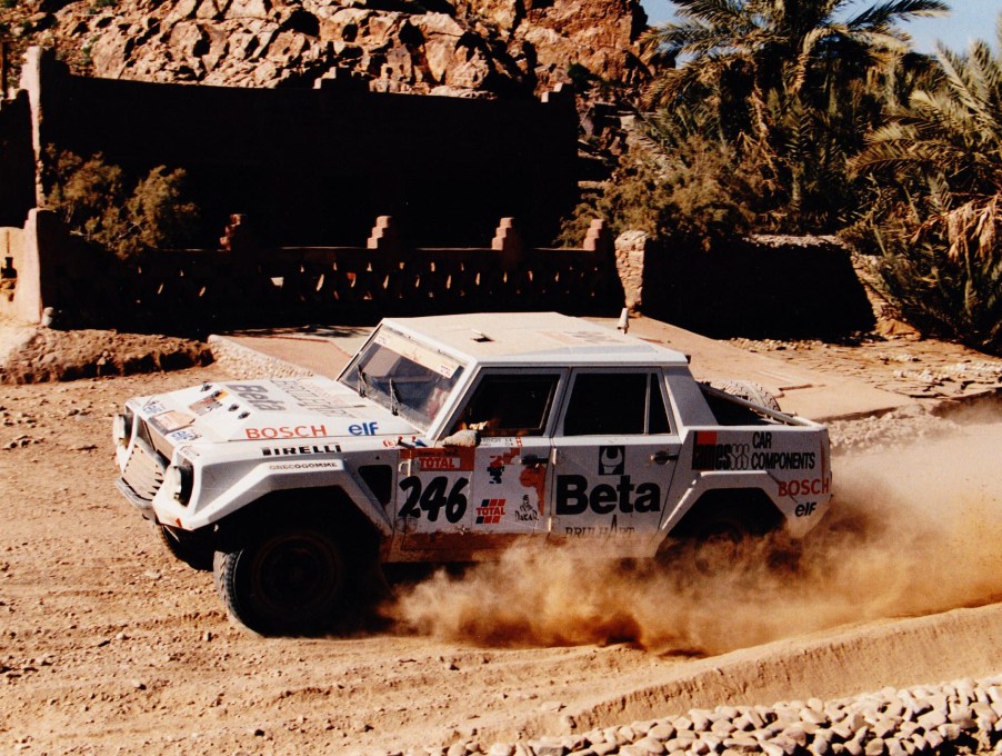 An image of a Lamborghini LM002 Rally pictured back in the 1980s.