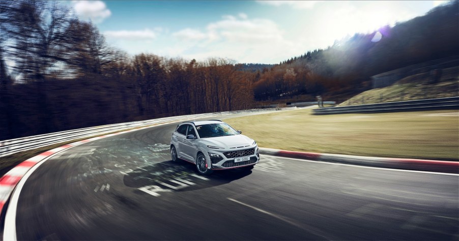 An image of a Hyundai Kona N out on a track.