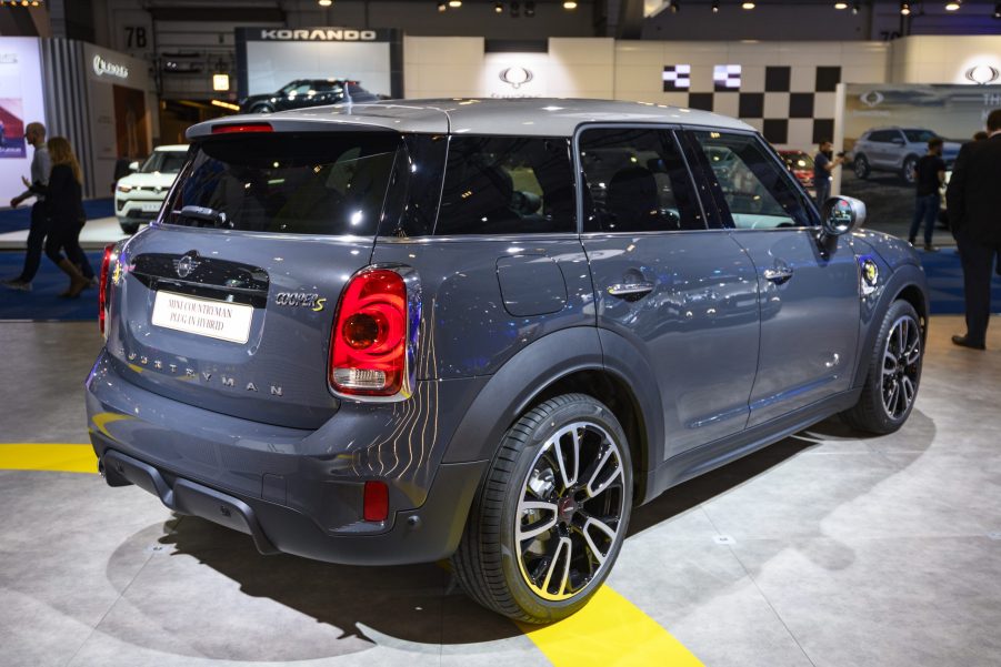 Gray MINI Cooper S E Countryman Plug in Hybrid crossover SUV retro design car on display at Brussels Expo