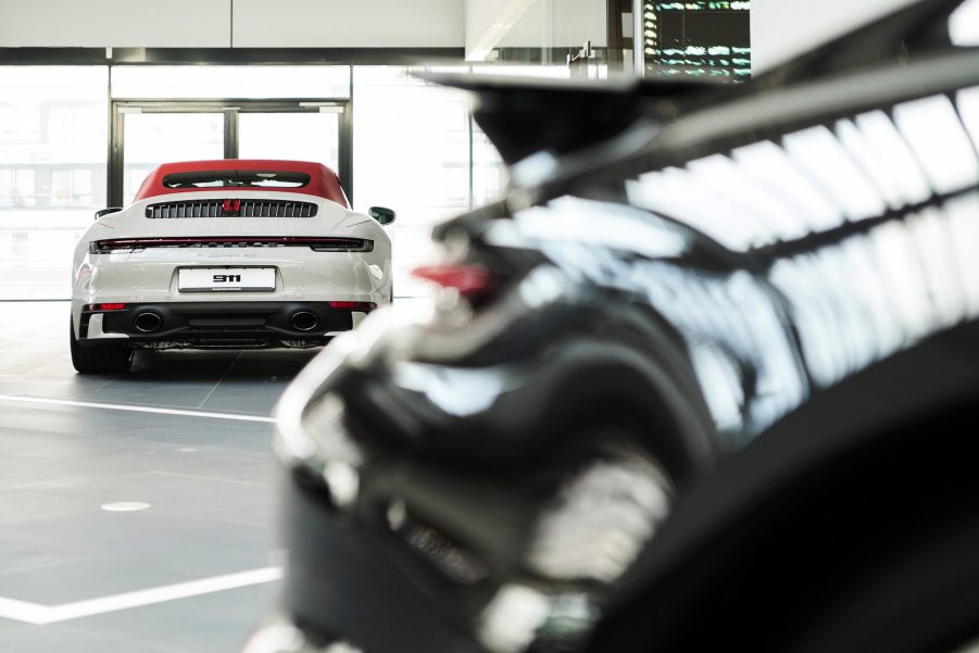 A Porsche 911 luxury automobile in the Porsche SE showroom in Dortmund, Germany