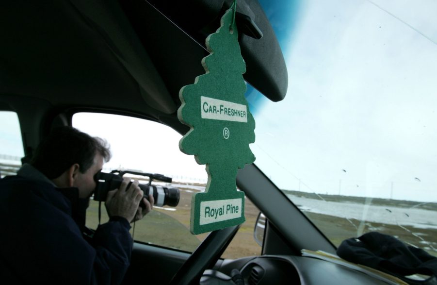 A car air freshener hangs from a car's rearview mirror