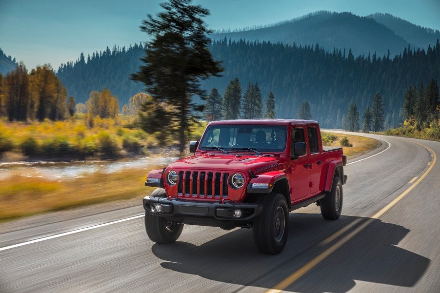 A red 2021 Jeep® Gladiator Rubicon, a stronger alternative to the Toyota Tacoma