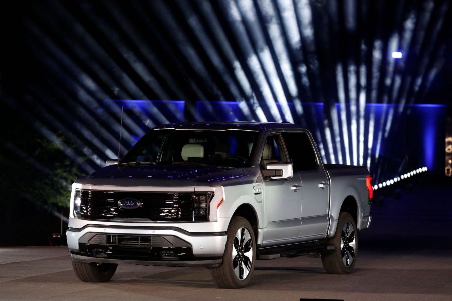 The Ford F-150 Lightning electric pickup truck is unveiled outside the automaker's headquarters in Dearborn, Michigan, on May 19, 2021