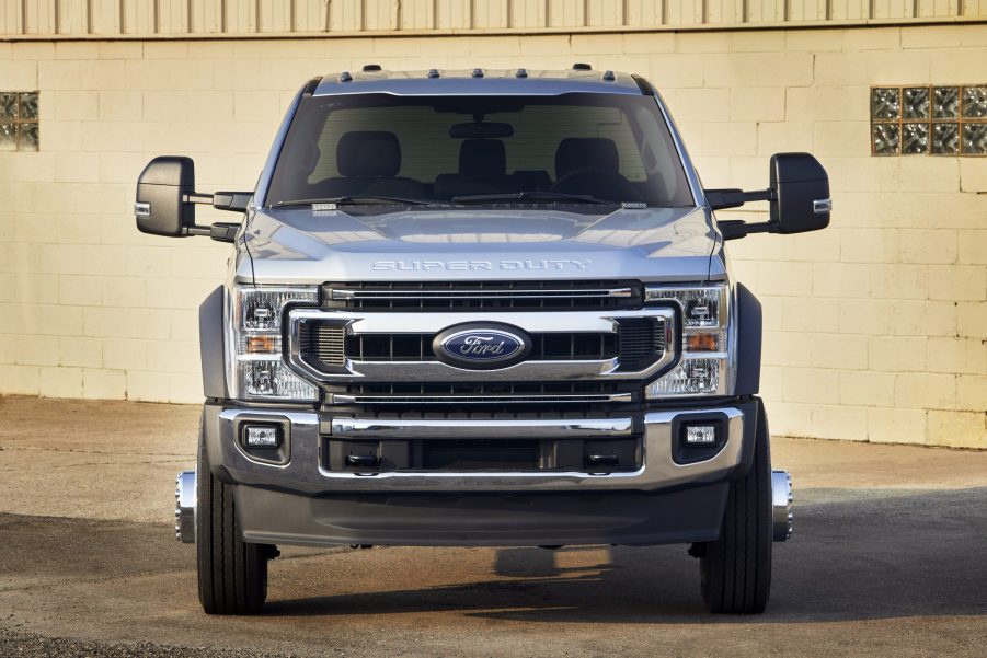 A white 2020 Ford F-600 Super Duty pickup truck with a Godzilla engine