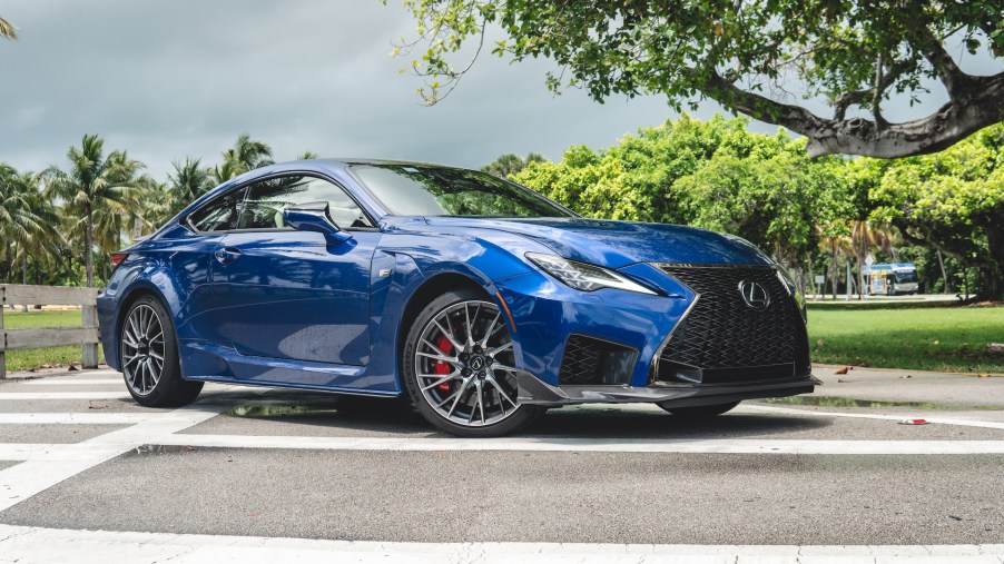 An image of a blue 2021 Lexus RC F parked outdoors.