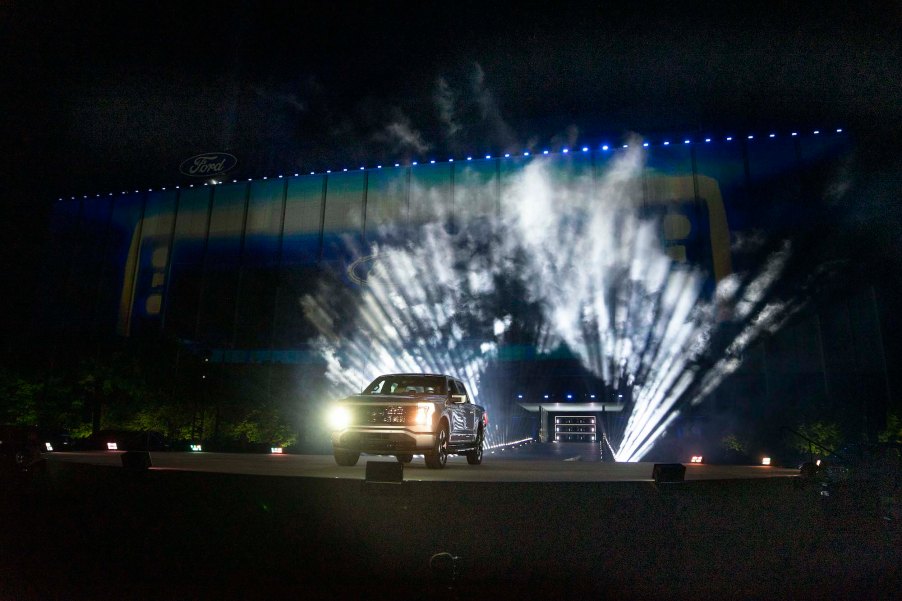 The all-new all-electric Ford F-150 Lightning revealed at Ford World Headquarters in Dearborn, Michigan, on May 19, 2021