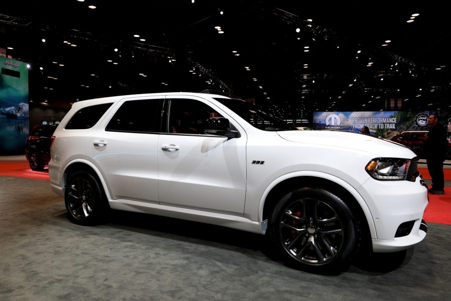 A white Dodge Durango SRT SUV on display