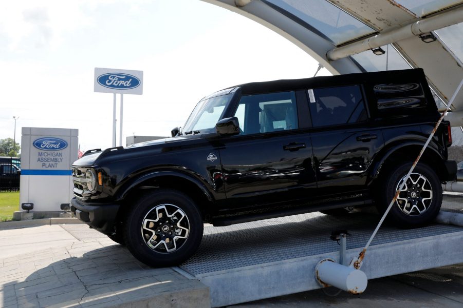 A black 2021 Ford Bronco on a dealership lot