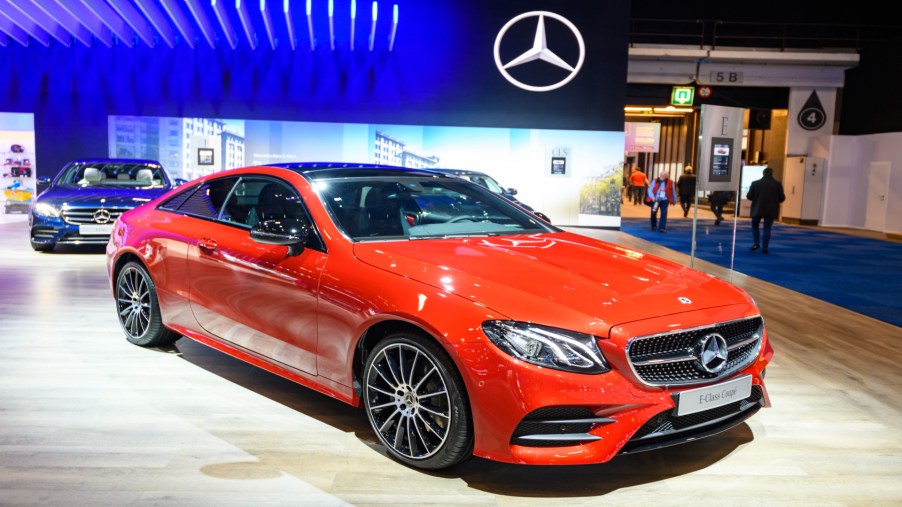 A red Mercedes-Benz E-Class.