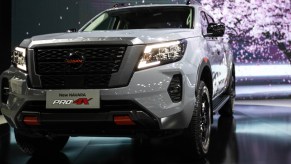 A white Nissan Navara Pro-4X at the Nissan stand during the 42nd Bangkok International Motor Show.