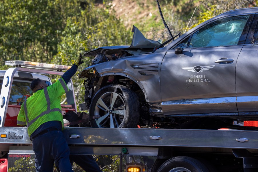 The Genesis GV80 SUV that Tiger Woods crashed on February 23, 2021, in Rolling Hills Estates, California, is seen on a flat-bed tow truck