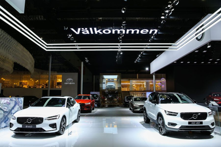 Cars are seen at the Volvo booth at the Shanghai Auto Show