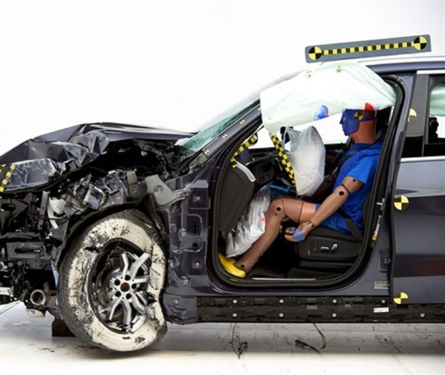 A BMW is crash tested at the IIHS laboratories.