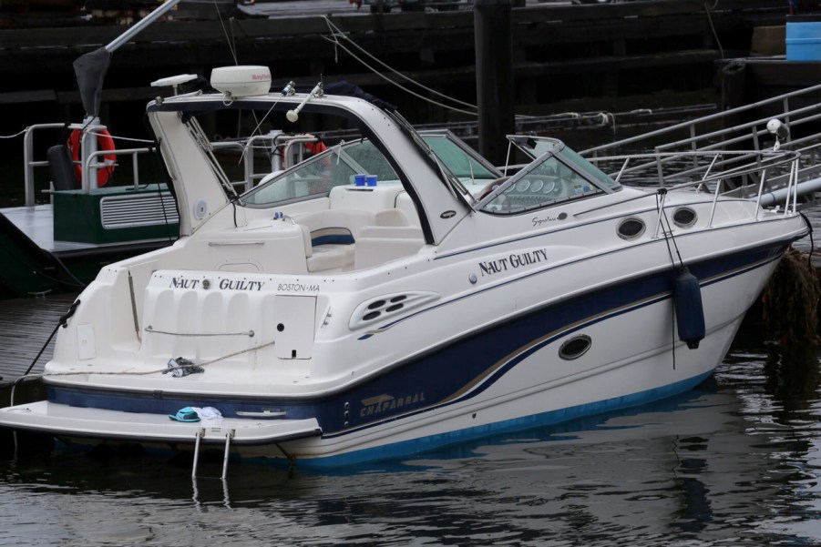 The propeller of the 29-foot boat Naut Guilty, shown here in Charlestown, Massachusetts, cut off a woman's arm