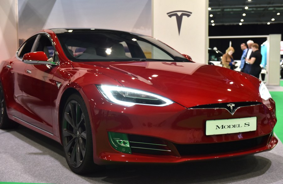 A red Tesla Model S on display at the London Motor & Tech Show at ExCel on May 16, 2019, in London, England