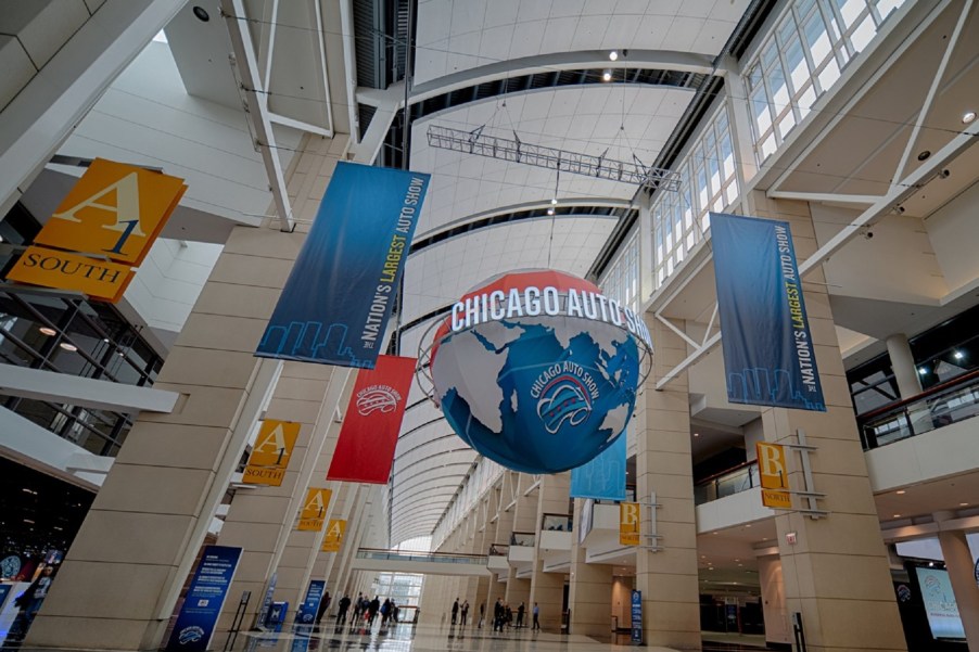 The main entrance hall of the 2020 Chicago Auto Show with banners