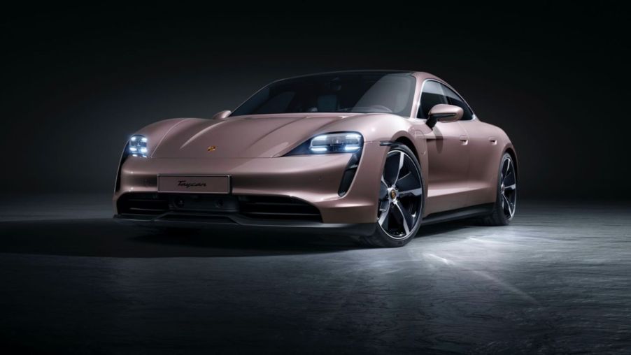 The 2021 Porsche Taycan debut showcase images features a champagne color option