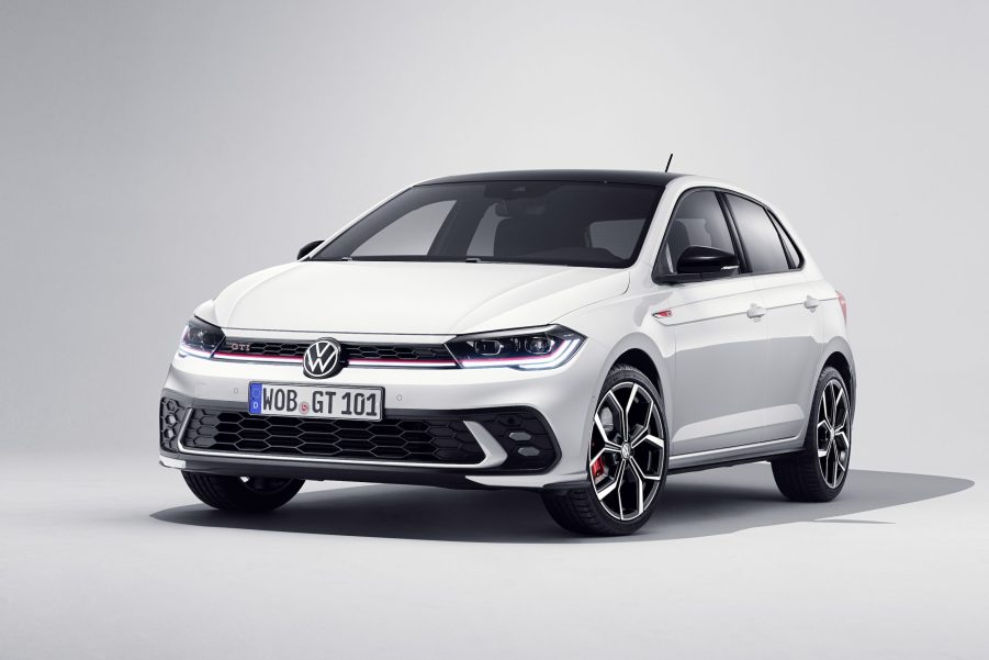 A white 2021 Volkswagen Polo GTI hatchback on a white background