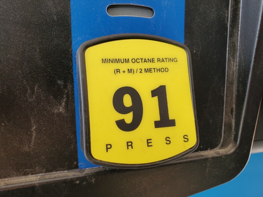 A 91-octane label for premium gas on a fuel pump at a gas station in San Ramon, California, in August 2020