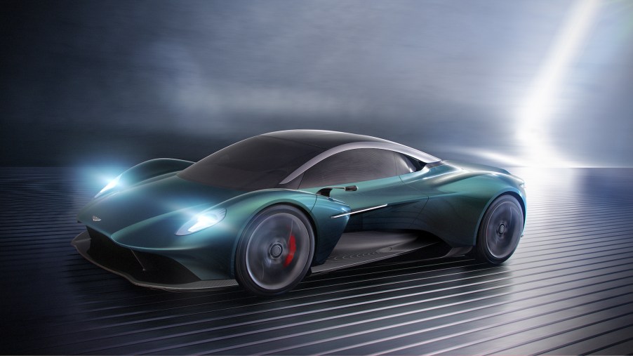 Concept art of a green 2024 Aston Martin Vanquish supercar